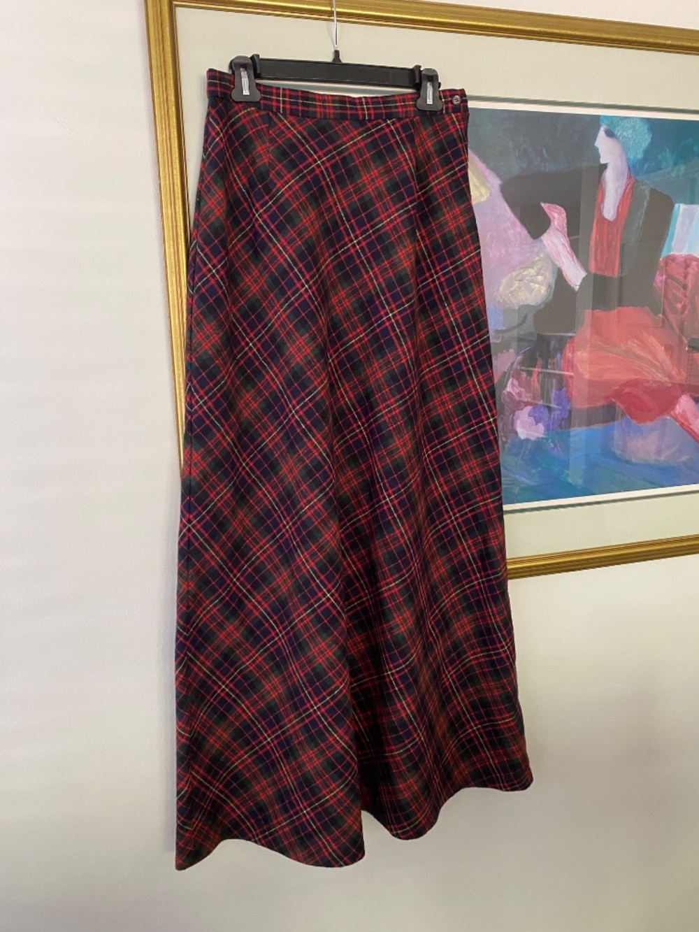 VTG 1980s Green Red Black Plaid Tartan Maxi Skirt Winter Academia Preppy S/M 28"